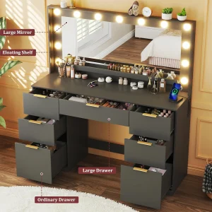 Fixwal Vanity Desk, 45.3in Makeup Vanity with 7 Drawers & Large Mirror, Black Vanity Desk for Bedroom