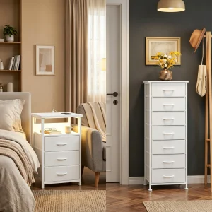White Nightstand & Dresser Set with Storage, LED & Charging Station