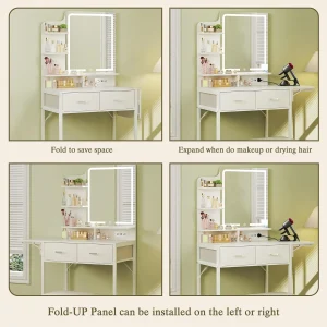 Fixwal Small Makeup Vanity Table with LED Mirror, 4 Drawers & Charging Station, White