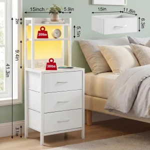Tall White Nightstand with Charging Station, 3 Fabric Drawers, RGB LED & Bookshelf,White