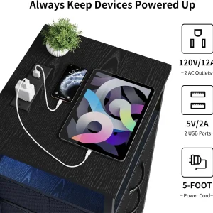 Black Tall Nightstand with Charging Station, 4 Fabric Drawers, RGB LED & Open Shelves