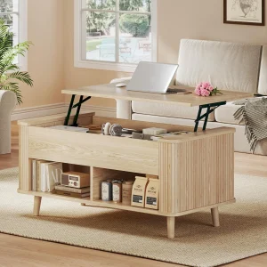 Fixwal 41" Lift Top Coffee Table with Storage, Walnut Mid Century Modern Coffee Table with Fluted Design