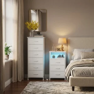 White Nightstand & Dresser Set with Storage, LED & Charging Station