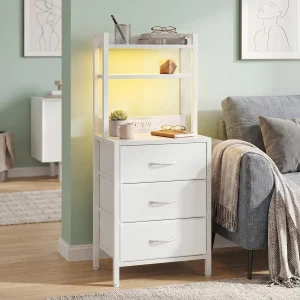 Tall White Nightstand with Charging Station, 3 Fabric Drawers, RGB LED & Bookshelf,White