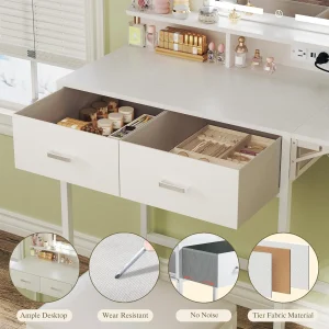 Fixwal Small Makeup Vanity Table with LED Mirror, 4 Drawers & Charging Station, White