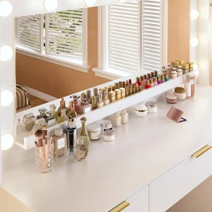 Fixwal 45.3" White Makeup Vanity Table with 9 Drawers, LED Lighted Mirror & Power Outlet