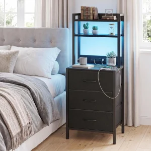 41 Inch Tall Nightstand with Charging Station, 3 Fabric Drawers, LED Lights & Open Shelves, Black