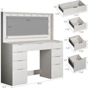 Fixwal 45.3" White Makeup Vanity Table with 9 Drawers, LED Lighted Mirror & Power Outlet
