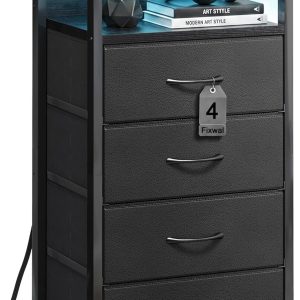 Black Tall Nightstand with Charging Station, 4 Fabric Drawers, RGB LED & Open Shelves