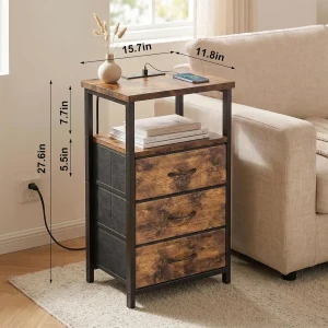 Rustic Nightstand & Tall Dresser Set, 10 Fabric Drawers, Charging Station, Bedroom Storage