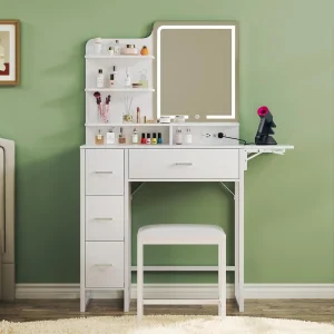 Fixwal 36.6" Makeup Vanity Table with 4 Drawers, LED Lighted Mirror & Charging Station