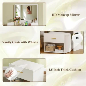 Fixwal 3-in-1 Vanity Desk with Flip-up Mirror, Fabric Drawers & Integrated Charging Station
