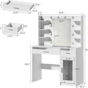 Fixwal Vanity Desk with Mirror and Lights, Makeup Vanity Table with RGB Drawers, 3-Color LED Lighting, Tempered Glass Top, 6 Shelves, Power Outlet, 35.4"W x 15.7"L x 55.1"H