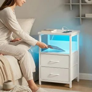White LED Nightstand with Charging Station, 2 Fabric Drawers & Open Shelf