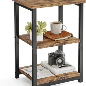 Rustic Brown Nightstand with Charging Station, 2 Fabric Drawers & Open Shelves