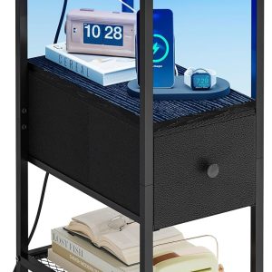 Fixwal Narrow Side Table with Charging Station and LED Light, Skinny Nightstand with 2 Fabric Drawers, Slim End Table for Bedroom, Dorm, Small Space, White