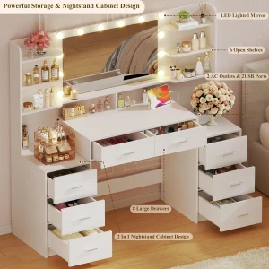 Fixwal 54.3" Professional Makeup Vanity Table with 8 Drawers, LED Hollywood Mirror & Charging Station, White