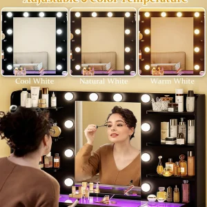 Fixwal Black Luxury Makeup Vanity Table with Tempered Glass Top, LED Mirror & RGB Lighting