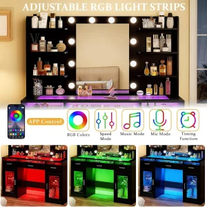 Fixwal Black Luxury Makeup Vanity Table with Tempered Glass Top, LED Mirror & RGB Lighting