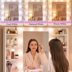 Fixwal Vanity Desk with Mirror and Lights, Makeup Vanity Table with RGB Drawers, 3-Color LED Lighting, Tempered Glass Top, 6 Shelves, Power Outlet, 35.4"W x 15.7"L x 55.1"H