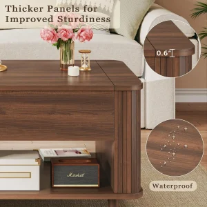 Fixwal 41" Lift Top Coffee Table with Storage, Walnut Mid Century Modern Coffee Table with Fluted Design
