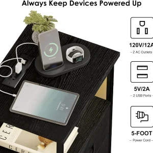 Black Nightstand Set of 2 with Charging Station, RGB LED & 2 Fabric Drawers