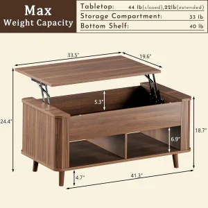 Fixwal 41" Lift Top Coffee Table with Storage, Walnut Mid Century Modern Coffee Table with Fluted Design