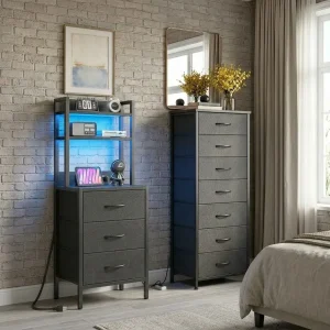 Black Tall Nightstand & Dresser Set, LED Nightstand with Charging Station, 10 Drawers