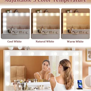 Fixwal 45.3" White Makeup Vanity Table with 9 Drawers, LED Lighted Mirror & Power Outlet