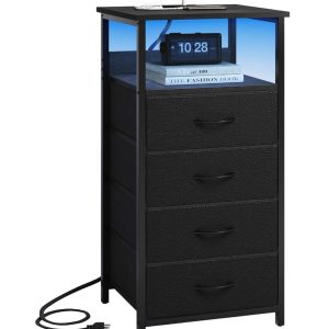 Black Tall Nightstand with Charging Station, 4 Fabric Drawers, RGB LED & Open Shelves
