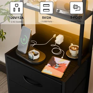 41 Inch Tall Nightstand with Charging Station, 3 Fabric Drawers, LED Lights & Open Shelves, Black