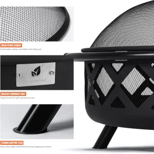 SUNCREAT 42-Inch Wood Burning Patio Fire Pit, Black, 42.1 Inch Diameter x 25.2 Inch High