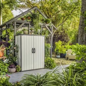 Keter Premier Tall Vertical Resin Outdoor Storage Shed With Floor And Locking Double Doors - Grey