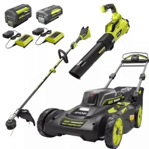 Ryobi 40V Brushless 20 in Self-Propelled Lawn Mower, Trimmer And Blower Kit With Dual Batteries And Chargers - RY401120-Y RY40270 RY40407BTLVNM