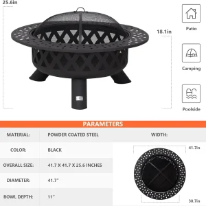 SUNCREAT 42-Inch Wood Burning Patio Fire Pit, Black, 42.1 Inch Diameter x 25.2 Inch High