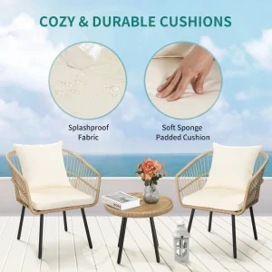 DEXTRUS 3-Piece Outdoor Patio Wicker Bistro Set With Soft Cushions