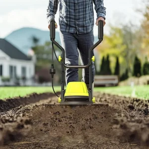 Electric Corded Tiller Cultivator, 15-Amp, 18-Inch Width, 9-Inch Depth, 24 Steel Tines - Green