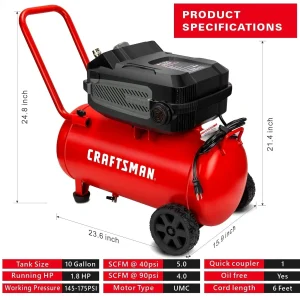 CRAFTSMAN Oil-Free Portable Air Compressor, 10 Gallon 1.8 HP 175 PSI 4.0 CFM@90PSI - CMXECXA0201041