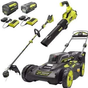 RYOBI 40V 20 in Self-Propelled Mower/Trimmer/Blower Kit, 2 Batteries, 2 Chargers - RY401120-Y/Ry40270/RY40407BTLVNM