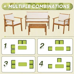 Flamaker 4-Piece Outdoor Acacia Wood Patio Conversation Sofa Set With Table And Cushions