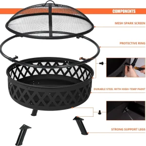 SUNCREAT 42-Inch Wood Burning Patio Fire Pit, Black, 42.1 Inch Diameter x 25.2 Inch High