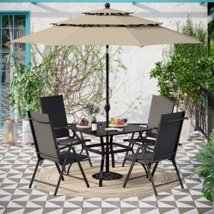 MAISON ARTS 6-Piece Patio Dining Set With 4 Adjustable Folding Chairs, Square Metal Table And 10ft Umbrella
