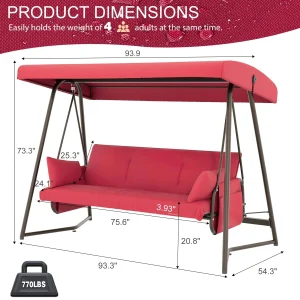 TQKVIPI 4 Person Outdoor Porch Swing Bed With Adjustable Backrest Canopy - 800 lbs Capacity