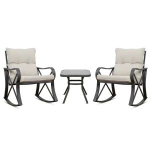 COSIEST 3 Piece Metal Bistro Set With Beige Cushions And Coffee Table