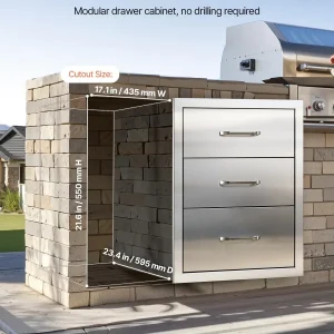 VEVOR Outdoor Kitchen Drawer Cabinet, Stainless Steel, 18.11 inch W x 23.23 inch D x 23.23 inch H, 3 Drawers