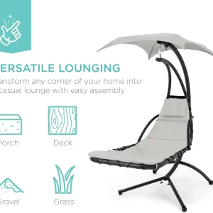 Best Choice Products Outdoor Hanging Steel Chaise Lounge Chair With Canopy, Charcoal Gray - SKY5871