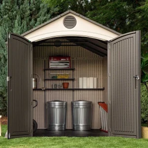Plastic Storage Shed, 8 ft. W x 12.5 ft. D, Desert Tan And Dark Brown