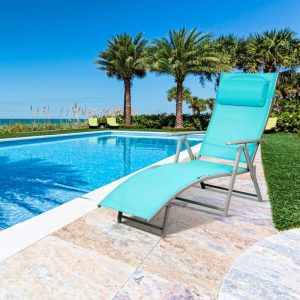 7 Position Folding Outdoor Chaise Lounge Chair With Cushion And Pillow
