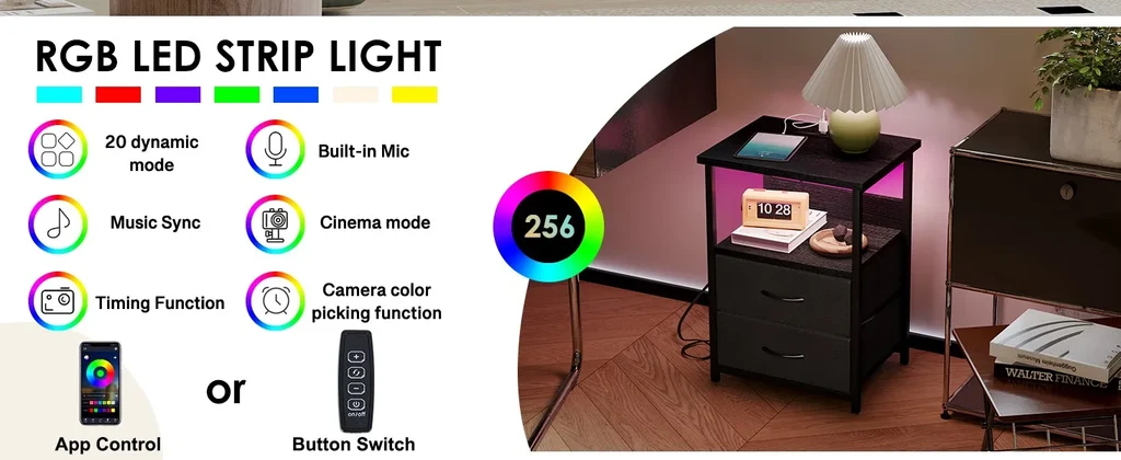 Modern Black LED Nightstand RGB Light Modes and App Control