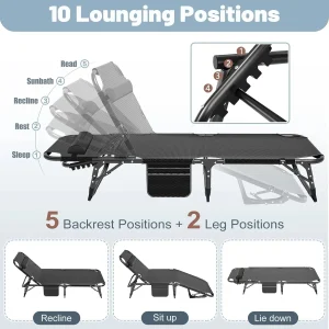 Slsy 5-Position Adjustable Folding Lounge Chair And Cot - 75.2" x 25.6" x 11.8"